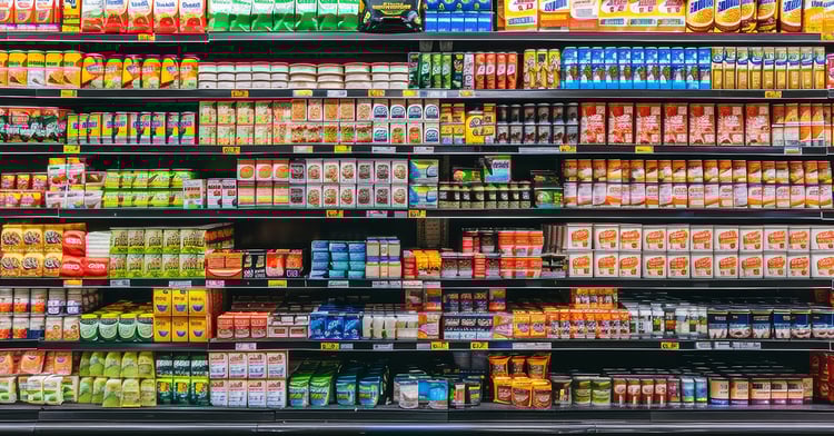 Grocery Store Shelves with Display Hardware to Prevent Shrink