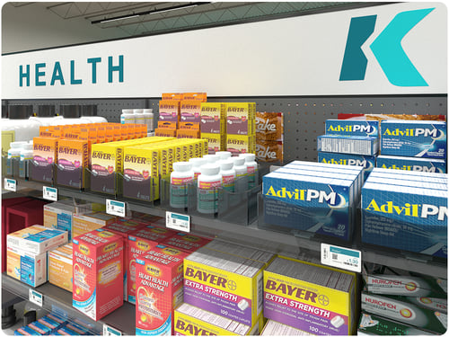 Healthcare products on retail store shelf with display