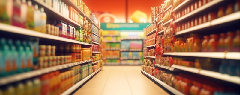 A retail store aisle is stocked with products and features price info strips attached to the shelving.